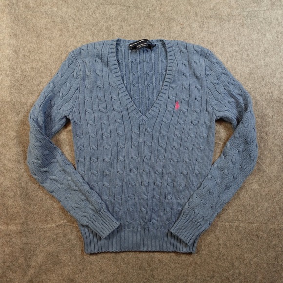 Ralph Lauren Sweaters - Vintage Ralph Lauren Sweater Womens Medium Blue Cable Knit VNeck Fisherman